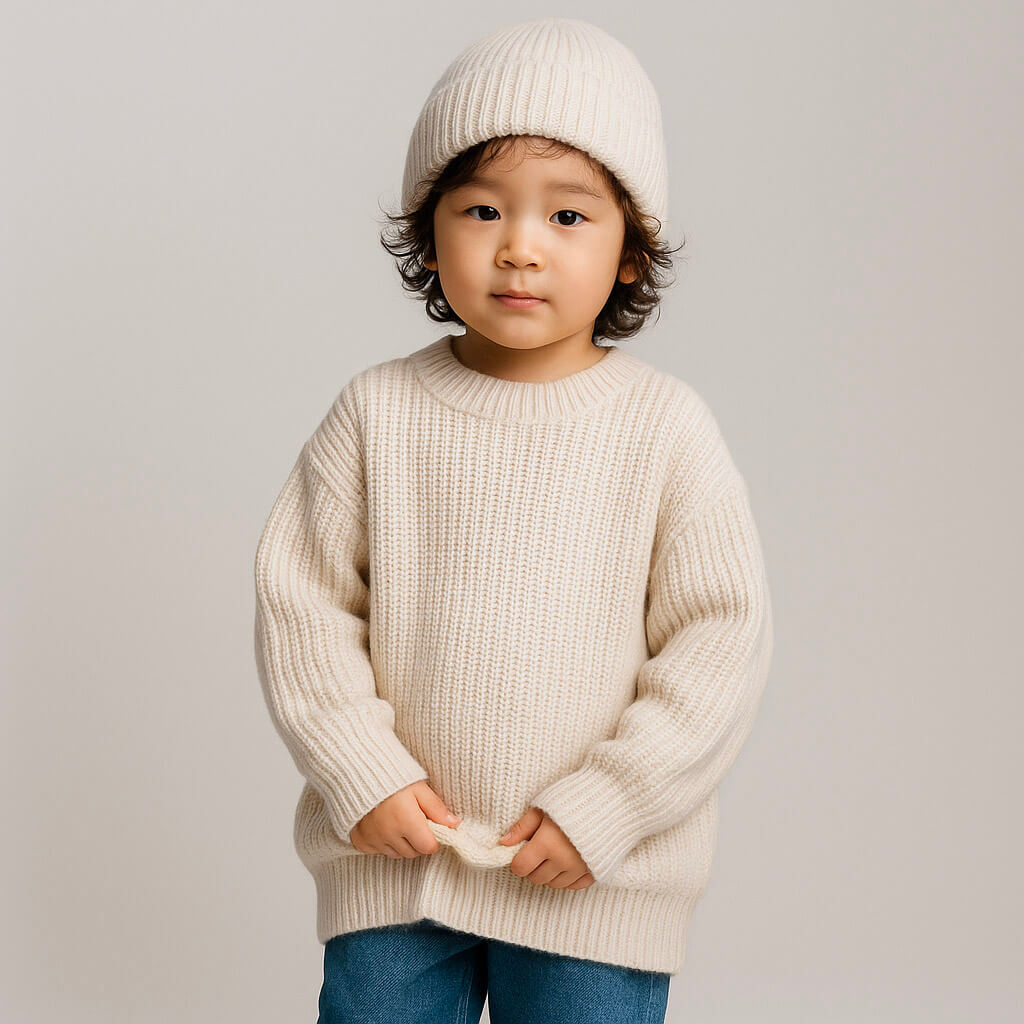 Child wearing a cream knit sweater and beanie holding a white object against a plain background
