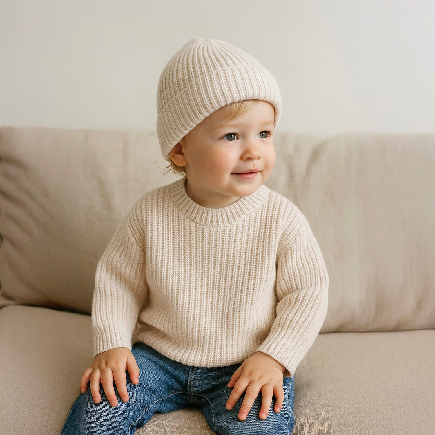 Child wearing a beige knit sweater and hat sitting on a couch.