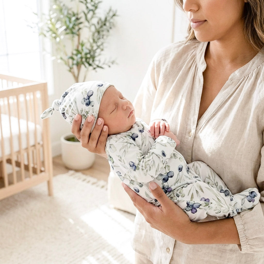 Woman holding a baby wrapped in a floral blanket in a nursery.