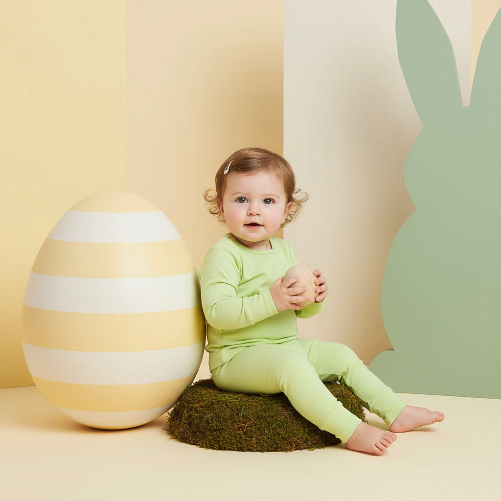 Child in green outfit sitting next to a large striped egg with a bunny-shaped prop in the background