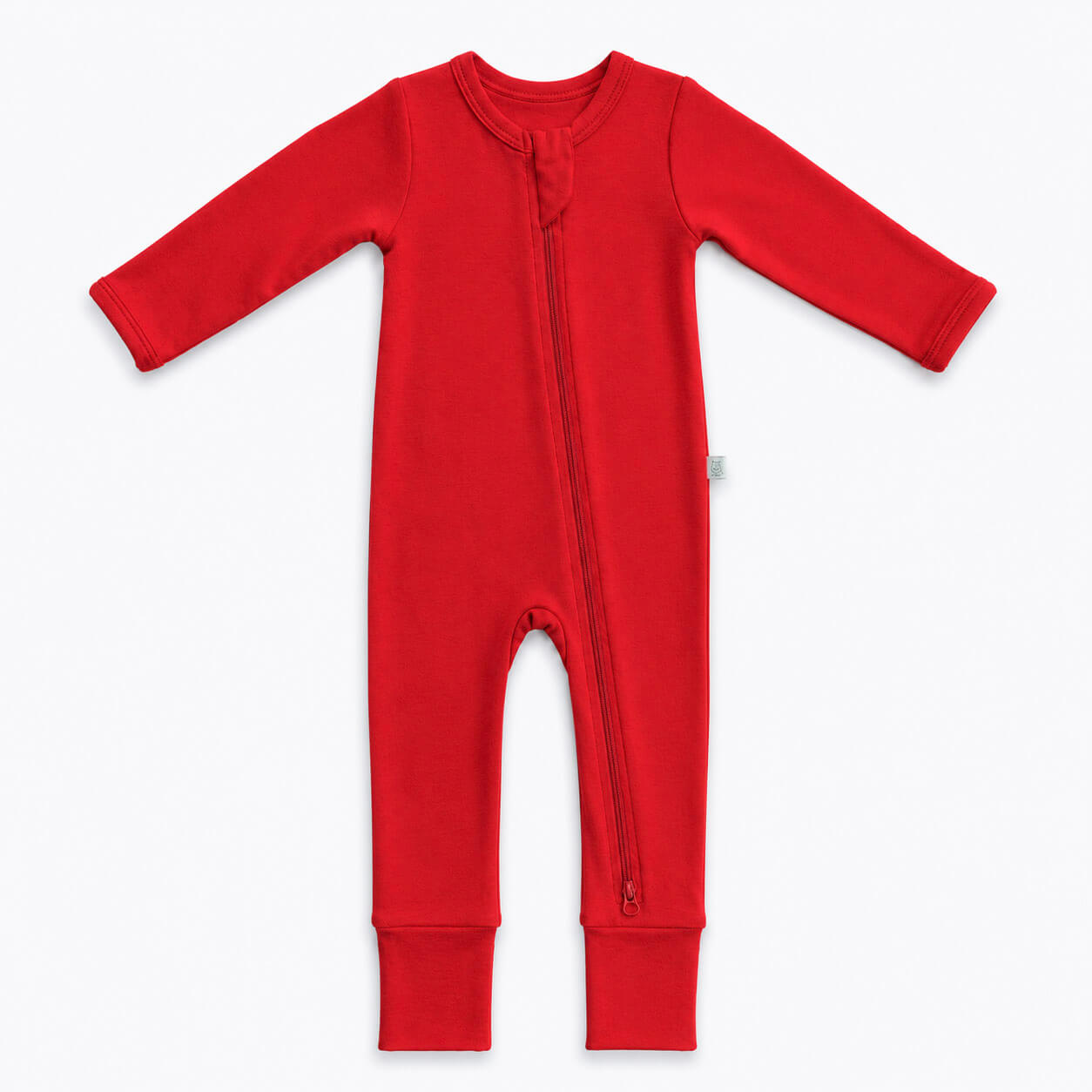 Red baby onesie with a zipper on a white background
