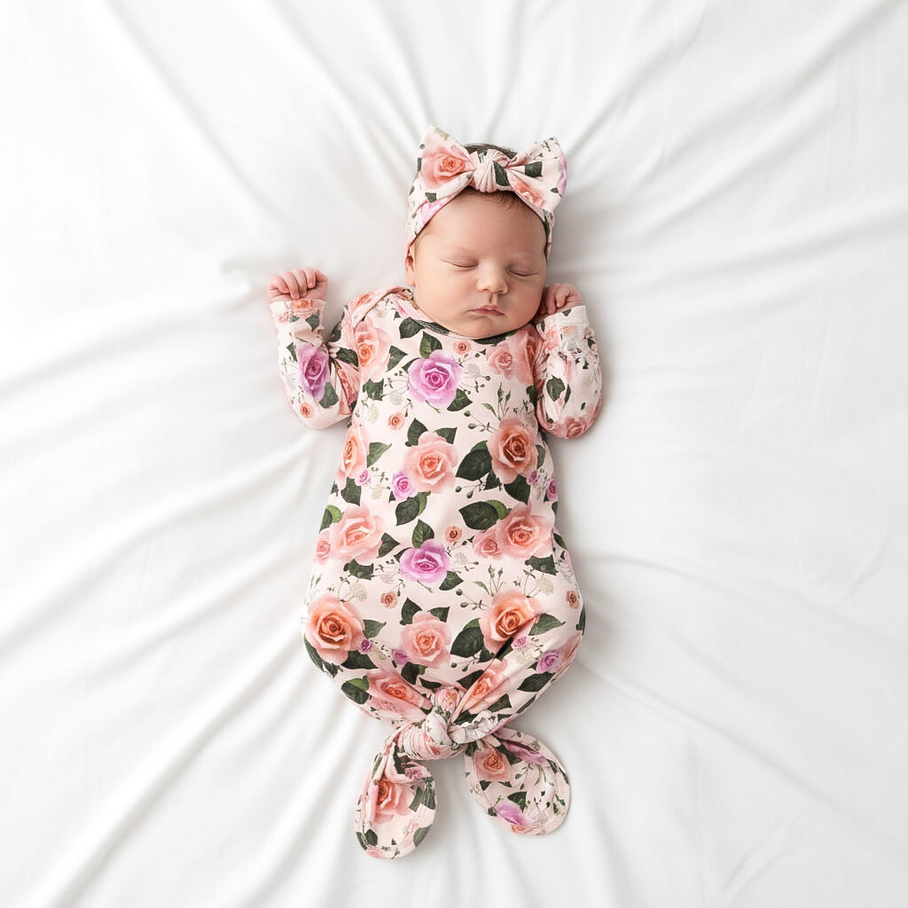 Newborn baby in a floral outfit and headband lying on a white surface