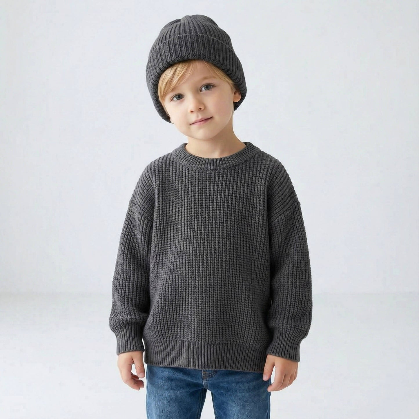 Child wearing a gray sweater and beanie on a white background