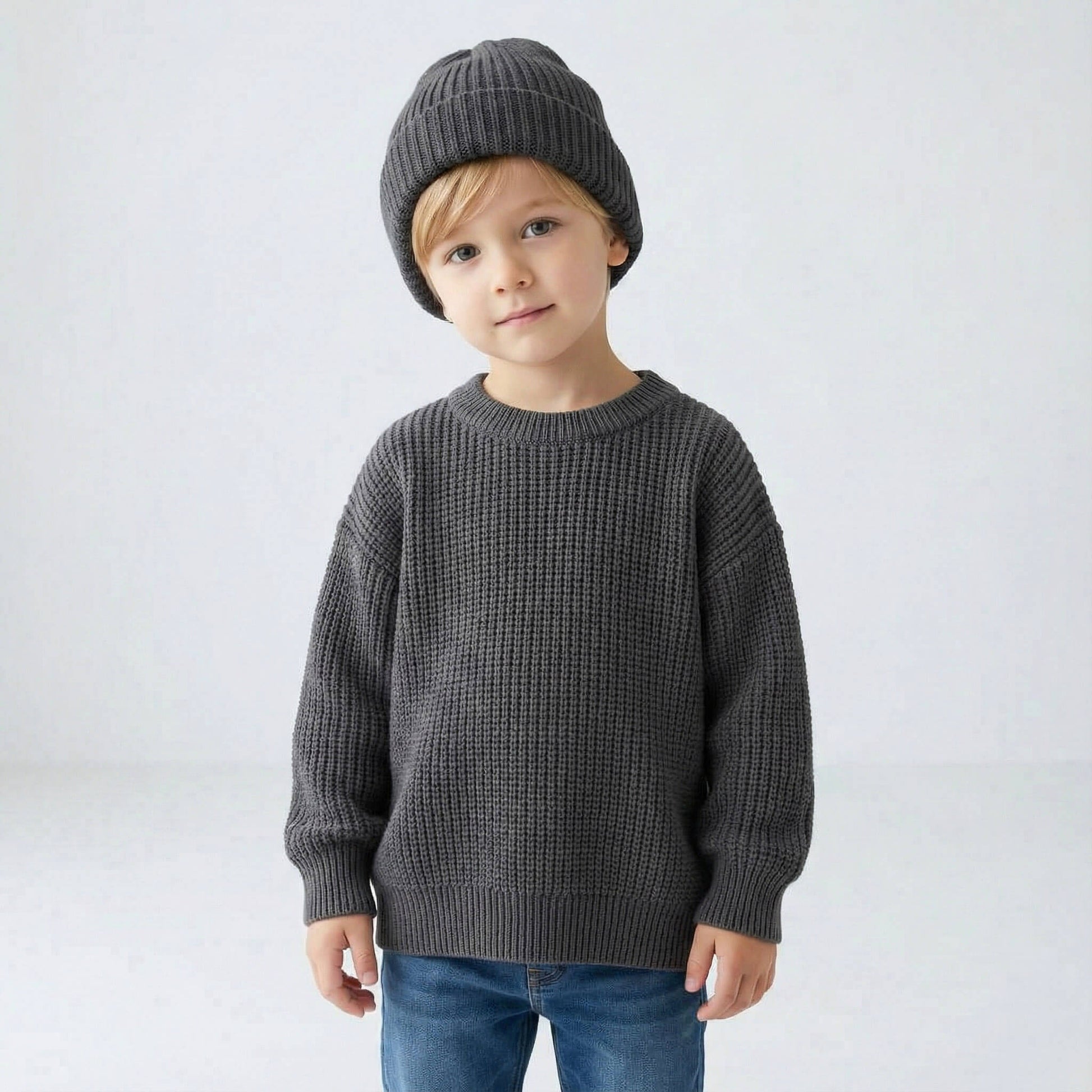 Child wearing a gray sweater and beanie on a white background