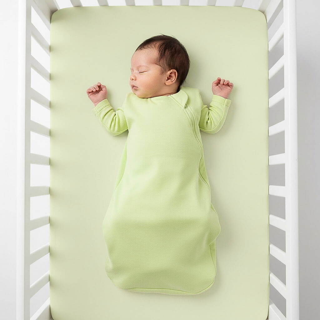 Newborn baby sleeping in a crib with a green swaddle blanket
