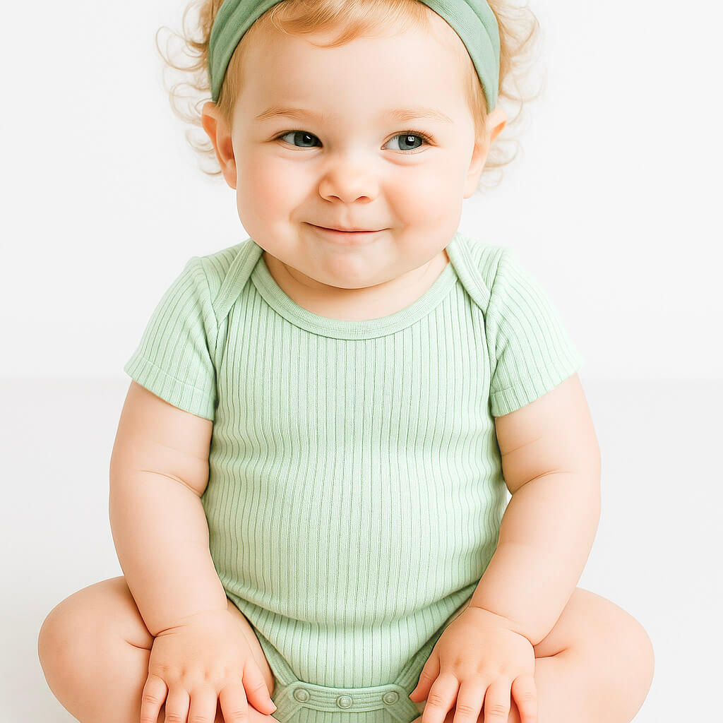 baby girl wearing green bodysuit while smiling 