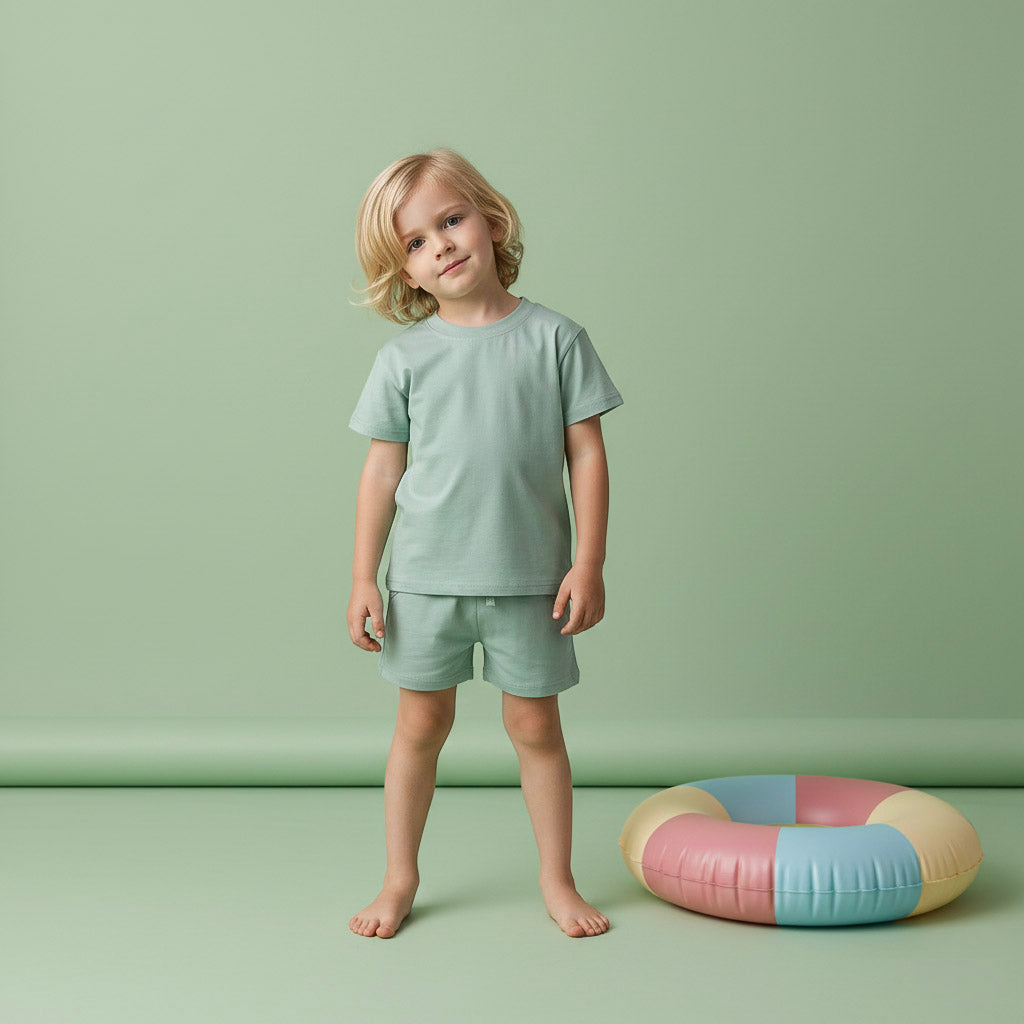 Child wearing a light green outfit standing next to a colorful cushion on a green background