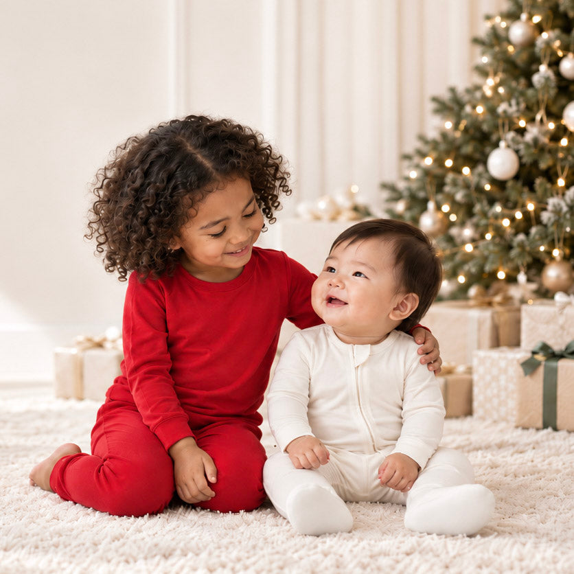 A young girl with curly dark hair wearing a red long-sleeve onesie sits on a white shag rug next to a baby in a white footed sleeper, with a decorated Christmas tree and wrapped gifts in the background.