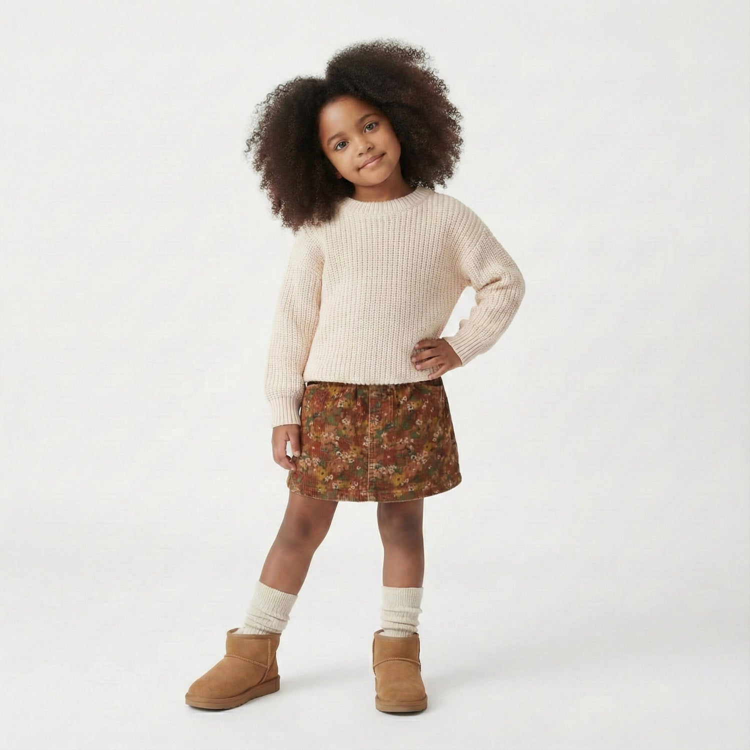Child wearing a cream sweater, patterned skirt, and brown boots on a white background