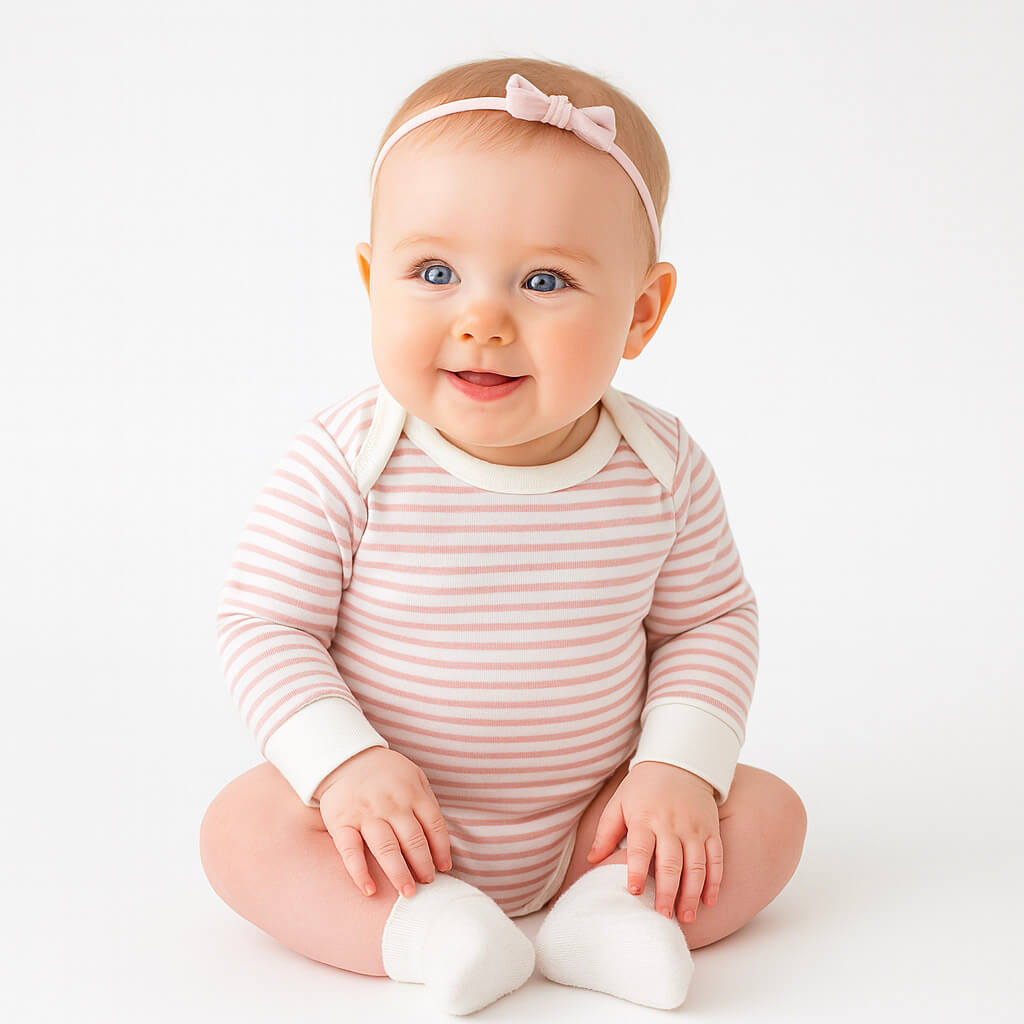 Baby wearing a pink and white striped onesie with a matching headband on a white background