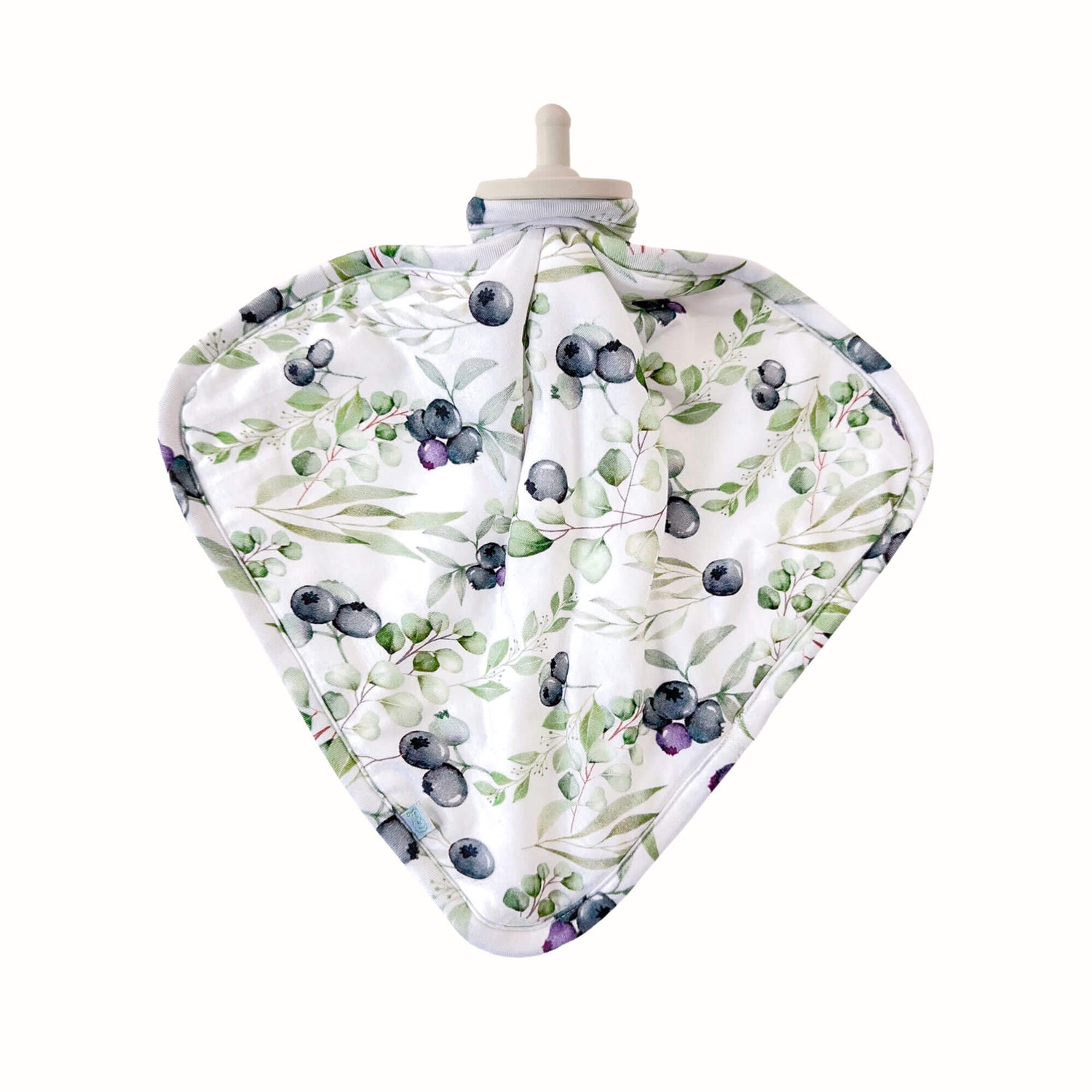 Baby lovey with blueberry and leaf pattern on a white background