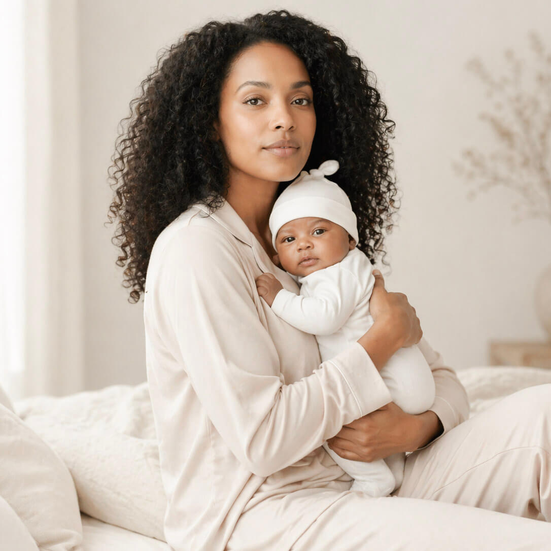 Woman holding a baby in a cozy indoor setting