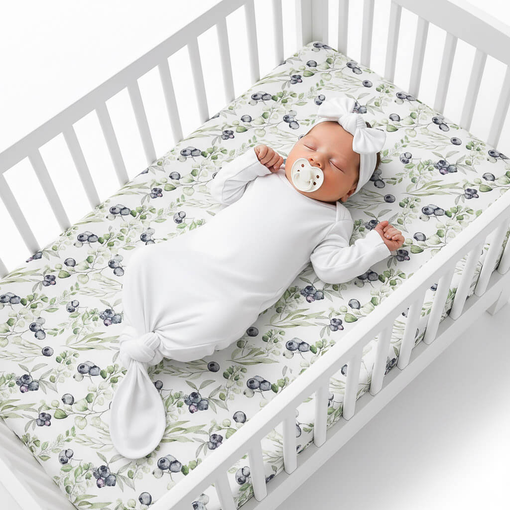 Newborn baby in a white crib with floral bedding