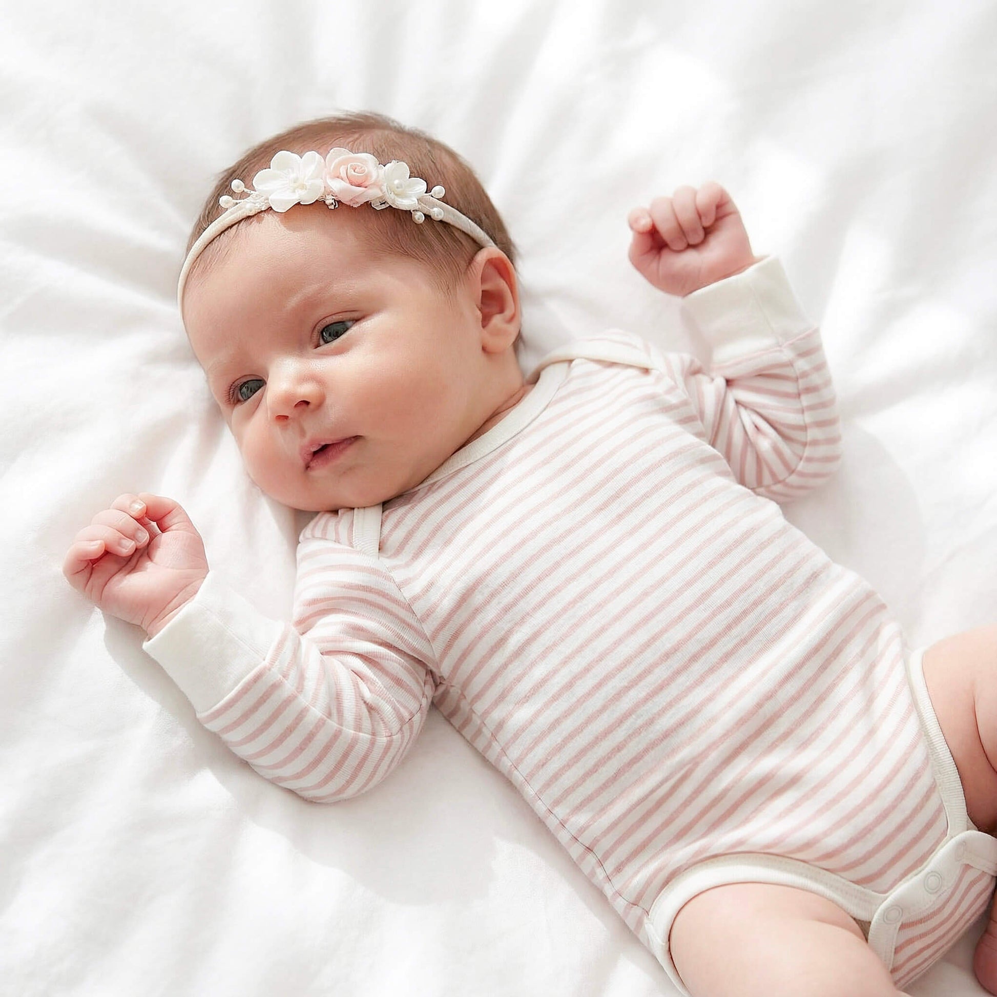 baby girl wearing pink stripped bodysuit 
