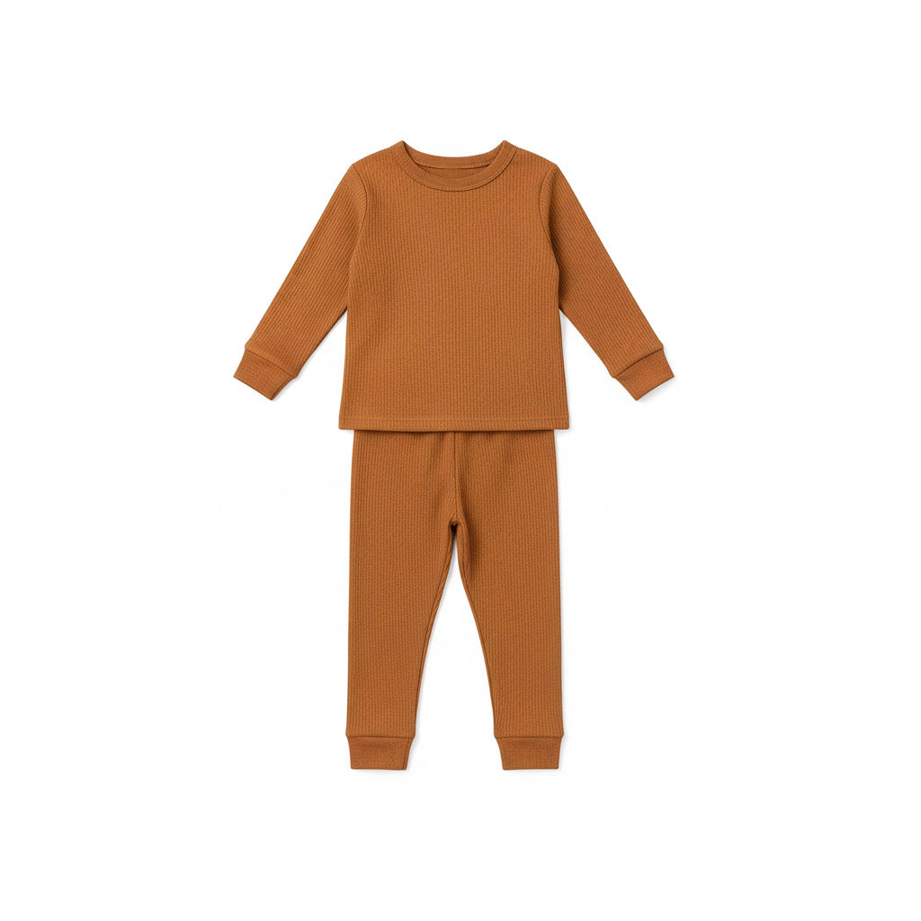 Brown ribbed pajama set on a white background