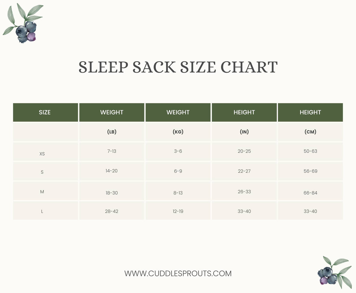 Cuddle Sprouts baby sleep sack chart